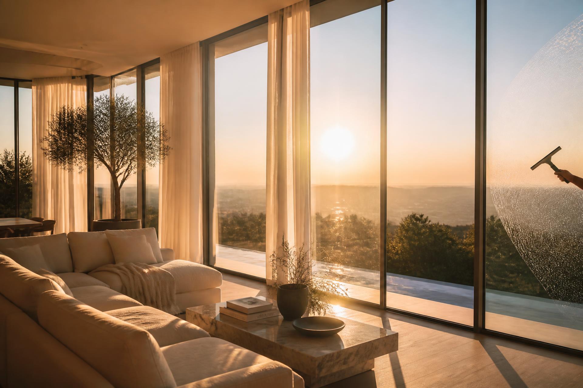 Sunlit luxury living room viewed through floor-to-ceiling windows being polished by a professional squeegee